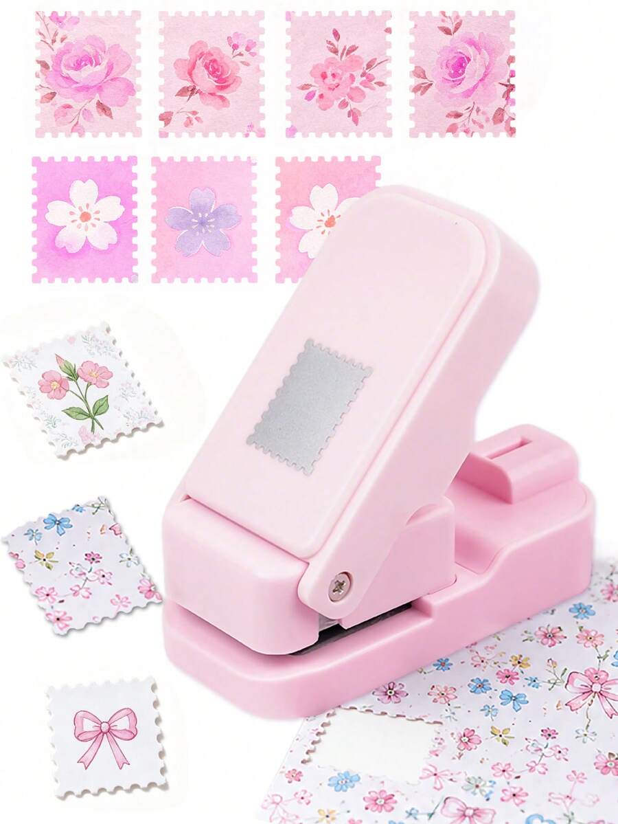 1x0.8inch Postage Stamp Edge Paper Punch For Junk Journal & Scrapbooking, Stackable Craft Punches With Precision Alignment Cutout Design For Card Making-Pink
