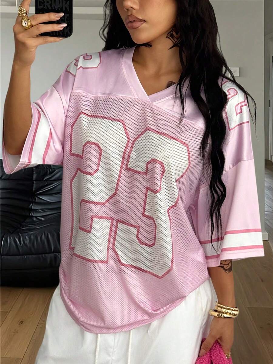 FIFA Loose V-Neck T-Shirt With Cute Y2K Summer Streetwear Graphic And Digital Pattern, Suitable For Men And Women - Pink - View 1
