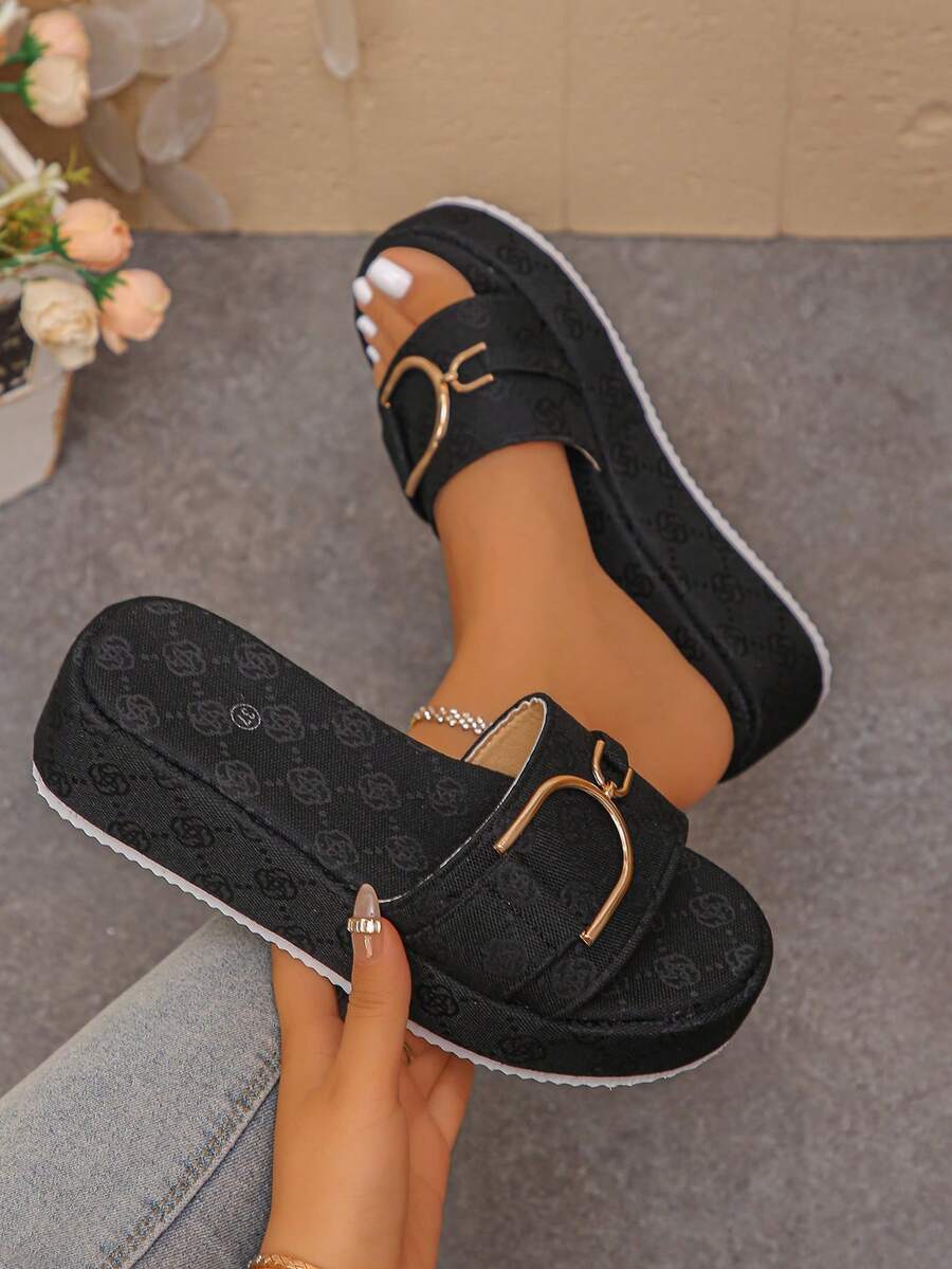 Women's Thick Sole Wedge Slip-On Sandals, Summer Outdoor Fashion Beach Flip Flops - Black - View 1