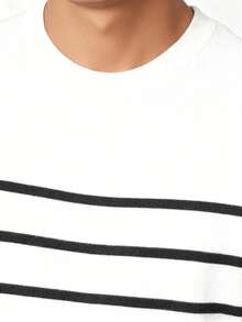 Men's Spring Autumn Fashion Minimalist Black Striped Crew Neck Long Sleeve Sweater - White - View 6