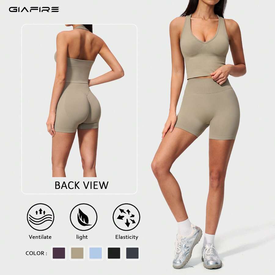 2026新款 GIAFIRE 女款兩件式瑜伽套裝，親膚緊身背心搭配高腰提臀收腹短褲，快乾高彈性健身服，適合皮拉提斯、跑步、健身房、戶外及休閒穿著，性感舒適