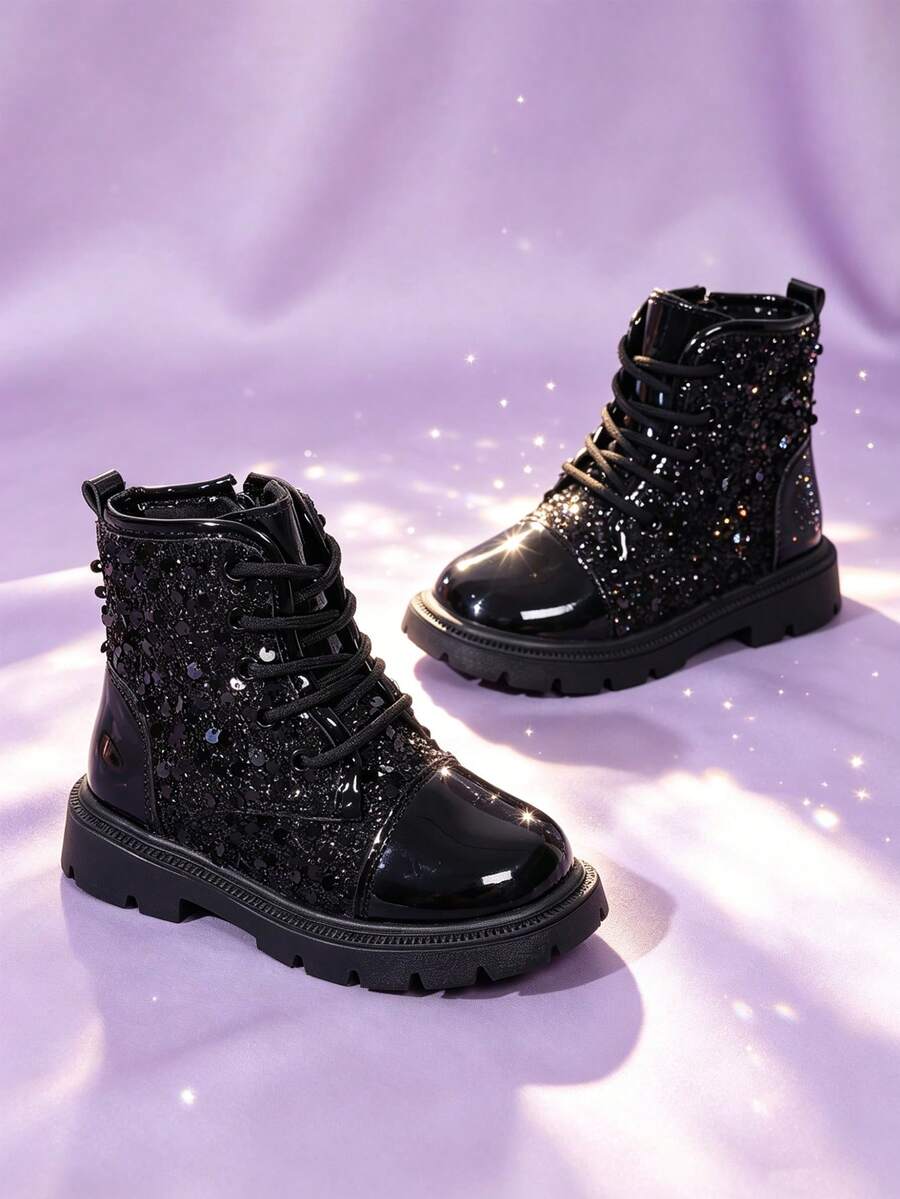 1 Pasang Sepatu Bot Pendek Anak Laki-laki, Bahan PU Mengkilap, Ujung Bulat, Sol Lembut Anti Selip, Tali Depan dengan Desain Resleting Sisi Dalam, Gaya Putri yang Manis dan Keren, Cocok untuk Sekolah, Liburan, Pertunjukan, Perjalanan, Pakaian Luar Ruangan, Gaya Baru Musim Gugur/Dingin