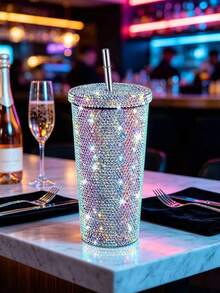 1個閃亮水鑽不鏽鋼保溫水杯，防漏便攜旅行杯附蓋，平底吸管杯，適合戶外運動、健身、居家、廚房、辦公室，適用冰咖啡、果汁、茶、燕麥奶，適合姐妹拍照拍攝 - 彩色 - 查看 1