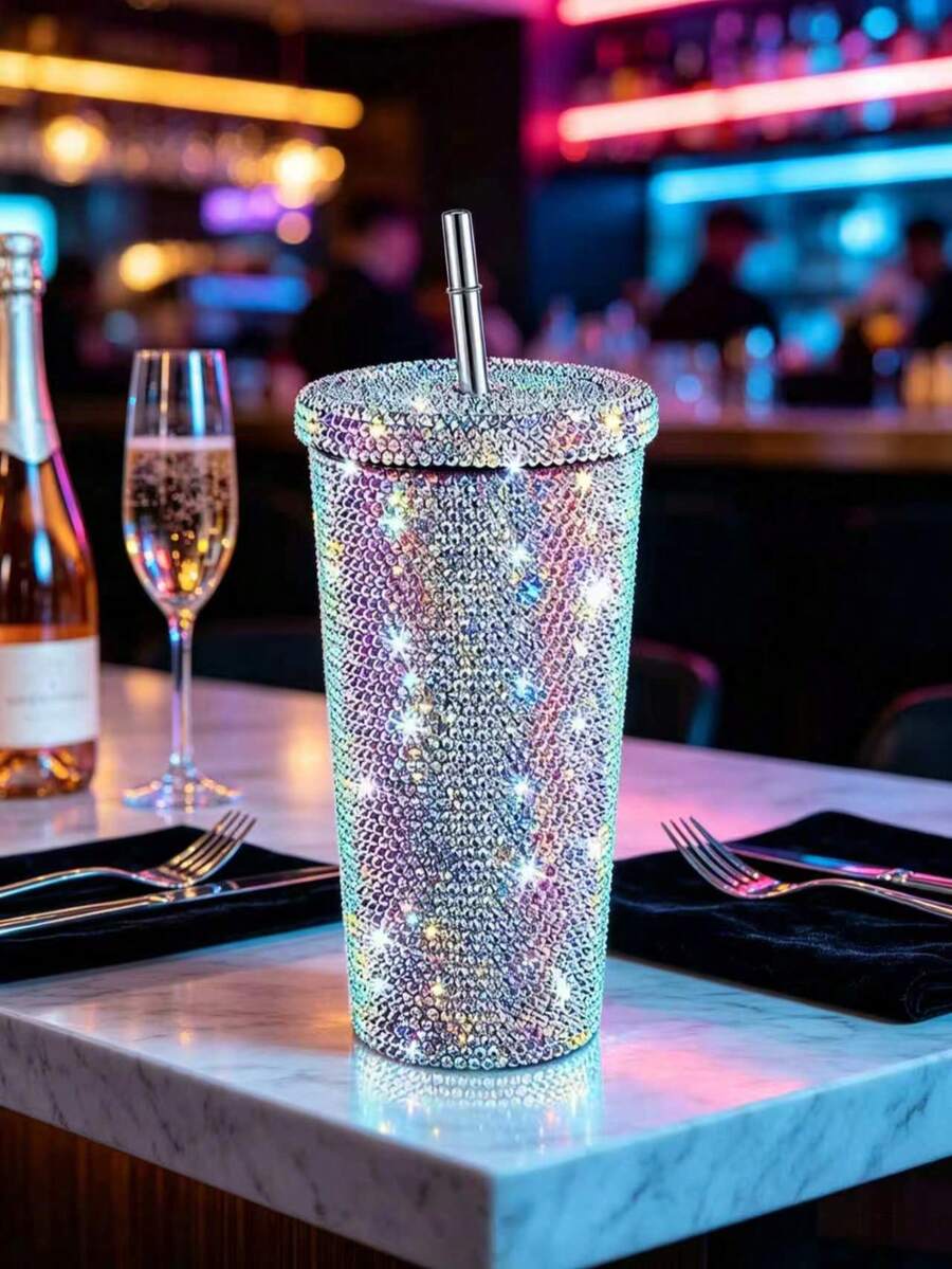 1個閃亮水鑽不鏽鋼保溫水杯,防漏便攜旅行杯附蓋,平底吸管杯,適合戶外運動、健身、居家、廚房、辦公室,適用冰咖啡、果汁、茶、燕麥奶,適合姐妹拍照拍攝 - 彩色 - 查看 1