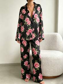 2pcs Women's Spring/Autumn Solid Color Thin Long Sleeve Long Pants Romantic Casual Loungewear Pajama Set - Multicolor - View 1