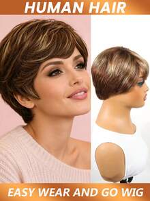 Short Pixie Cut Wig Brown And Blonde Highlight Real Human Hair 4 Inch Staright Layered P4/27 Ombre Brown Full Machine Made Wigs Easy Wear And Go Wig Suitable For Summer Wear - S4/27 - View 2