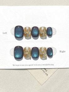 10 piezas de uñas postizas cortas cuadradas con strass de perla ojo de gato azul-verde, nueva colección de otoño e invierno, unicolor simple, elegante y encantador. Adecuado para mujeres y niñas. Incluye pegamento de gelatina y tiras de frotar - Verde Oscuro - Ver 2