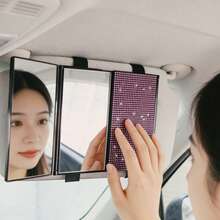 3-Fold Shiny Rhinestone Car Sun Visor Makeup Mirror, Adjustable 3-Panel Makeup Mirror, Universal Clip-On Car Sun Visor Vanity Mirror, Suitable For Car Interior - 1pc - View 2