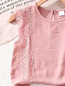 Left Mama Girls' Elegant Comfortable Sleeveless Lace Trim Top & Straight Leg Pants, Summer - Pink - View 5