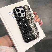 1pc TPU Material Retro Polka Dot Side Lace Pattern Phone Case Compatible With IPhone 17 Pro Max/17/16 Pro Max/15/13/12/11/ S20 FE/A15/S24/A55/ Note 11/Note 12/Note 13 Pro Full Coverage Anti-Drop Soft Shell Protective Cover - Black - View 3