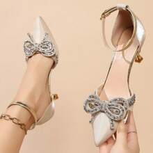 Women's 2026 Summer High Heel Stiletto Sequin Sexy Pointed Toe Closed Toe Slingback Sandals - Beige Gold Ring - View 5