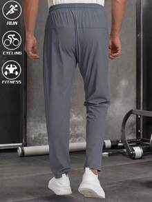 Men's High Elasticity Fitness Casual Daily Knit Fabric Black Pants, Solid Color Design, Fabric, Loose Fit, With Zipper Pockets Sweatpants - Sports - Dark Grey - View 2