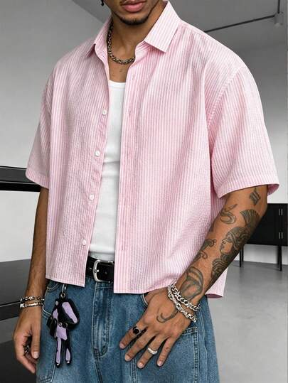 Men's Pink And White Striped Short Sleeve Collared Shirt, Vintage Loose Fit, Vacation Fashion, Commute Shirt