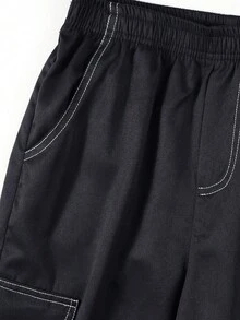 1pc Boys' American Streetwear College Style Sports Multi-Pocket Straight Leg Casual Long Pants - Black - View 5