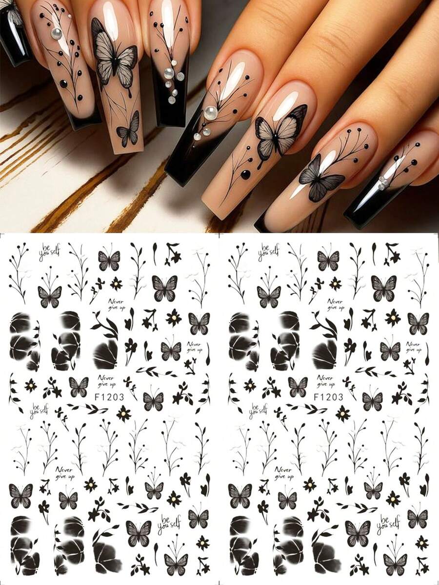 2件裝優雅黑色蝴蝶美甲貼紙復古漸層黑色花卉葉片美甲貼花迷人日常婚禮美甲藝術DIY美甲飾品裝飾用品 - 黑色 - 查看 1