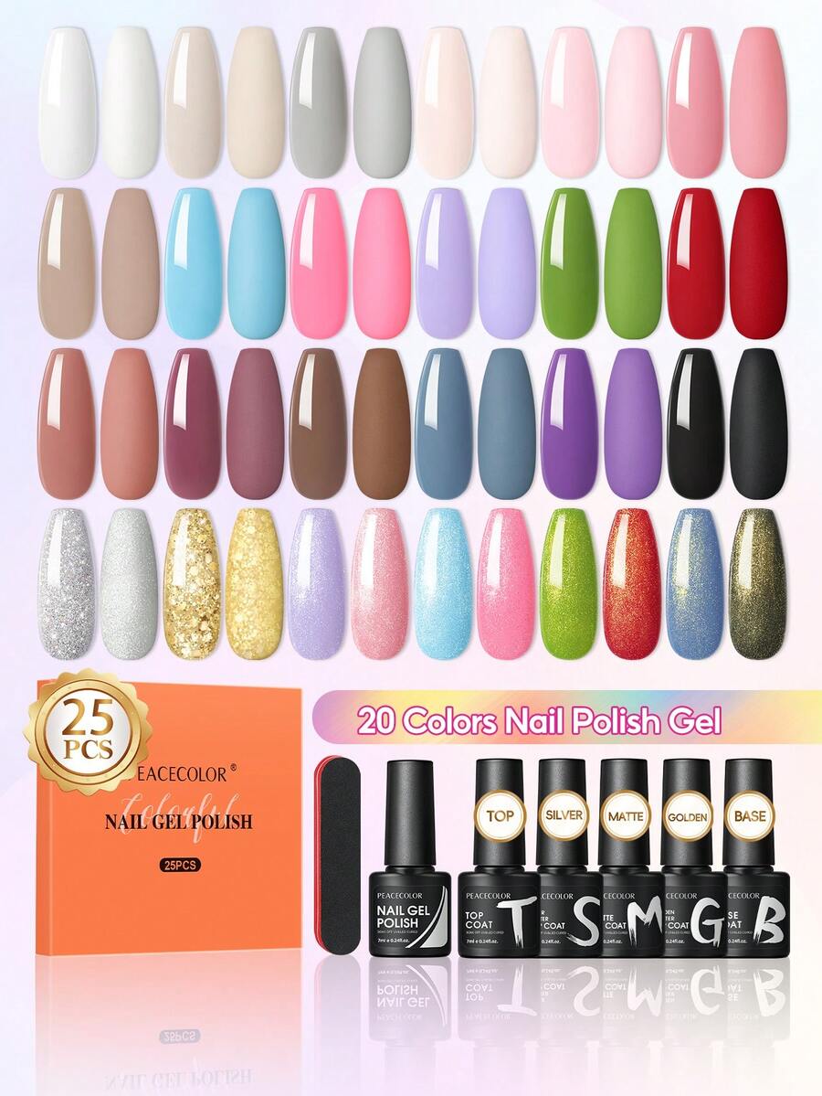 Peacecolor 25PCS Gel Nail Polish Set 20 Colors With 5 Base Top Coats Glossy Matte Silver Gold Glitter Soak Off Spring Summer Vacation Gift For Women - 彩色 - 查看 1