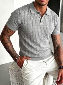 ZYNTH BALENO Men's Summer Fashion Cable Knit Slim Fit Regular Shoulder POLO Collar Short Sleeve Sweater, Suitable For Outdoor Sports, Gym Workouts - Light Grey - View 6
