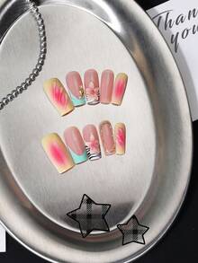 24 Stück lange rechteckige Kunstnägel, Nude-Pink Macaron Farbverlauf French Manicure, 3D rosa Blume, asymmetrischer Metallrahmen, mintgrüne Welle, Goldfolie, Perlen-Fake-Nägel, inklusive Jelly-Kleber + Nagelfeile, geeignet für atmosphärische Mädchen, Reisefotografie, Pendler-Outfit - Verschiedenfarbig - Übersicht 5