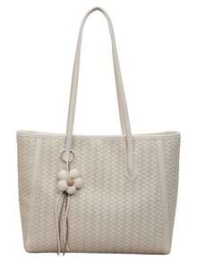 1pc Women's Solid Color PU Middle Compartment Shoulder Tote Bag, Large Capacity, Suitable For Outing, Shopping, Dating, Gift - Beige - View 7