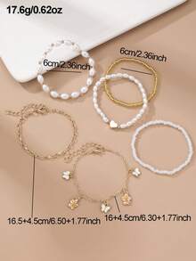Juego de 6 pulseras para niñas con perlas, corazones, mariposas y flores, combinación adecuada para decoración diaria - Multicolor - Ver 5