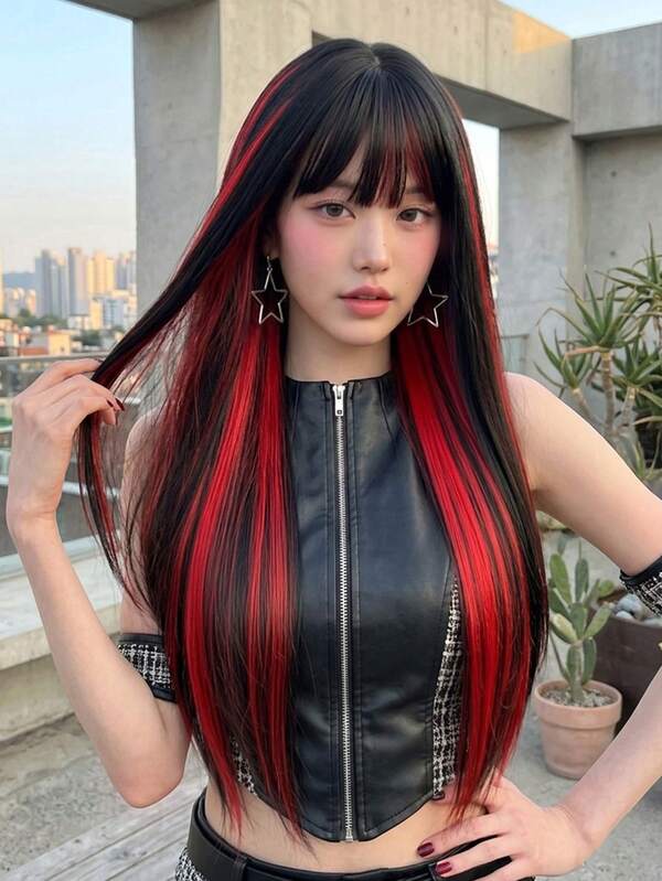 [TOPSHE LUMA] 24-Inch Long Straight Hair With Bangs, Heat-Resistant Synthetic Hair Soft And Smooth, Suitable For Daily Wear, Women's Seamless Hairline Invisible Full Wig, Suitable For Beginners Cosplay Party