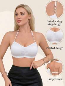 Women's Solid Color Pleated Design Circular Ring Comfortable Bra (Unpadded) - White - View 8