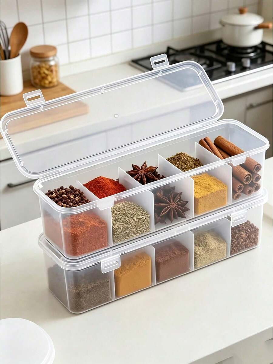 5-Compartment Spice Box & Refrigerator Storage Container - Divided Storage Container, Suitable For Spices, Star Anise, Cinnamon And Dried Chili - Kitchen & Home Use, Flip Lid, Airtight Storage Box - Multicolor - View 1