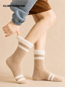 CLIMPRESSION 1 Pair Women's Khaki White Striped Winter Warm Soft Plush Comfortable Fluffy Short/Mid-Calf Socks - Khaki - View 2