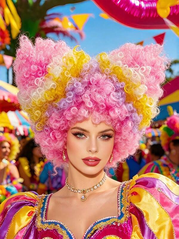 Pink Yellow Purple White Mixed Color 3D Explosion Hair Wig, Summer Outdoor Market Parade Portrait Photography Amusement Park Festival Celebration Eye-Catching Fun Girl Cosplay Wig