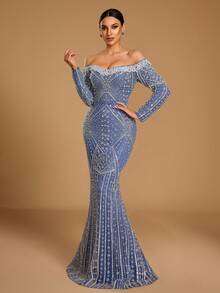 Elisanya This Knitted Mermaid Gown Is Adorned With Pearls And Sequins, Contrast Color Sequin And Pearl Party Gown Wedding - Dusty Blue - View 10