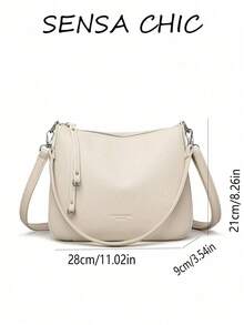 Off-White Lychee Texture PU Shoulder Bag, Adjustable Wide Strap, Embossed Letter Logo, Soft Large Capacity Daily Shoulder Bag, Minimalist Low-Key Luxury Ideal Choice For Women, Perfect For Commuting, Weekend Shopping, City Strolling And Daily Outings. - Beige - View 2
