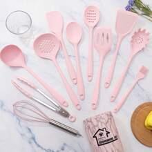 Non-Stick Silicone Kitchen Utensil Set, Heat-Resistant Cooking Tools, Kitchen Utensil Set, Includes Spatula, Soup Spoon, Strainer, Scraper, Brush, Food Tongs, Pasta Spoon, Heat-Resistant Silicone Kitchen Tools - Pink - View 2