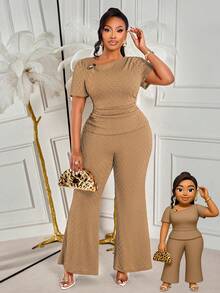 BIUBIU Stylish Plus Size 2 Pieces Outfits For Women Round Neck Short Sleeve Top With Ruched Waist And Wide Leg Pants, Medium Stretch For Comfort Elegant - Brownish Color - View 3
