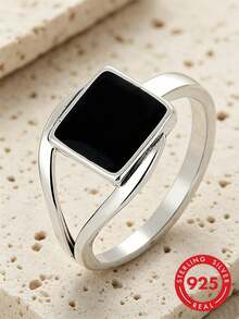 925 Sterling Silver Unique Black Square Design Ring, Suitable For Women And Men, For Holiday, Hip-Hop Party, And Daily Wear - Black - View 1