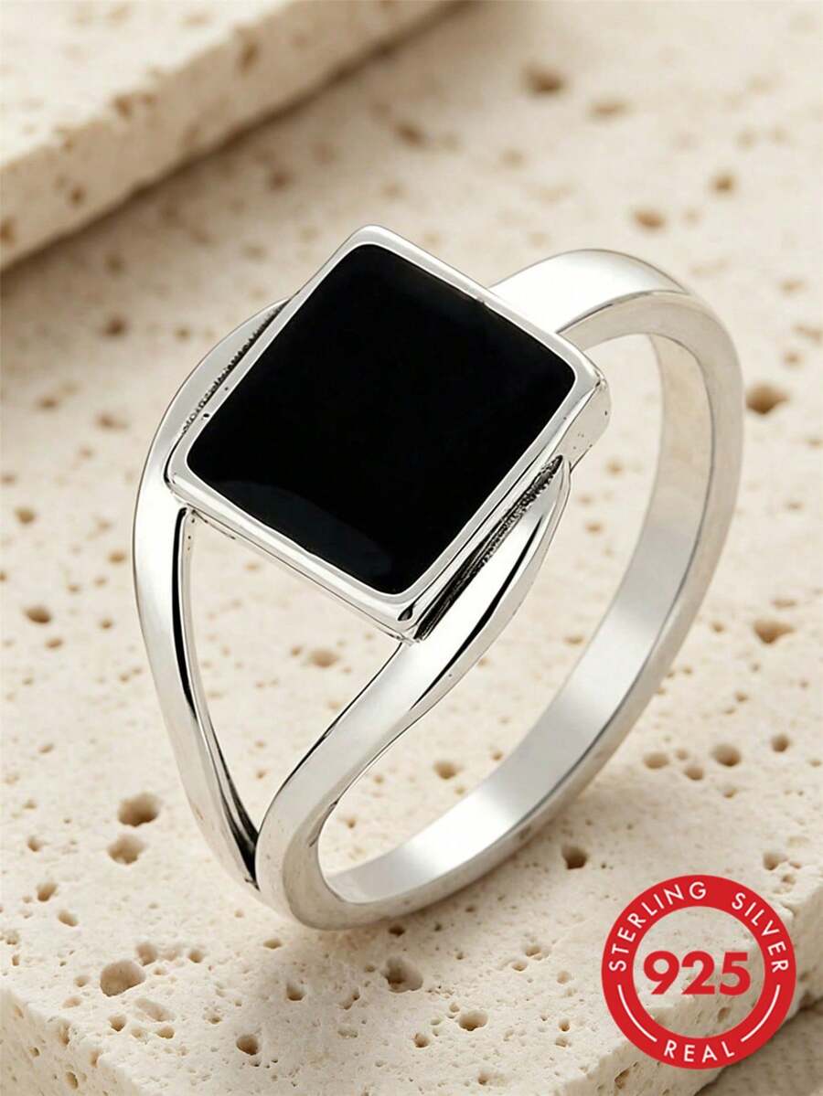 925 Sterling Silver Unique Black Square Design Ring, Suitable For Women And Men, For Holiday, Hip-Hop Party, And Daily Wear - Black - View 1