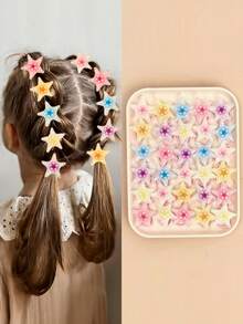 8/14/28pcs Girls Random Macaron Gradient Glitter Translucent Colorful Dots 3D Holographic Star & Starfish Hair Ties Set, Sweet Cute Versatile Hair Accessories For Daily Wear, Date, Sports, School, Casual - Multicolor - View 1