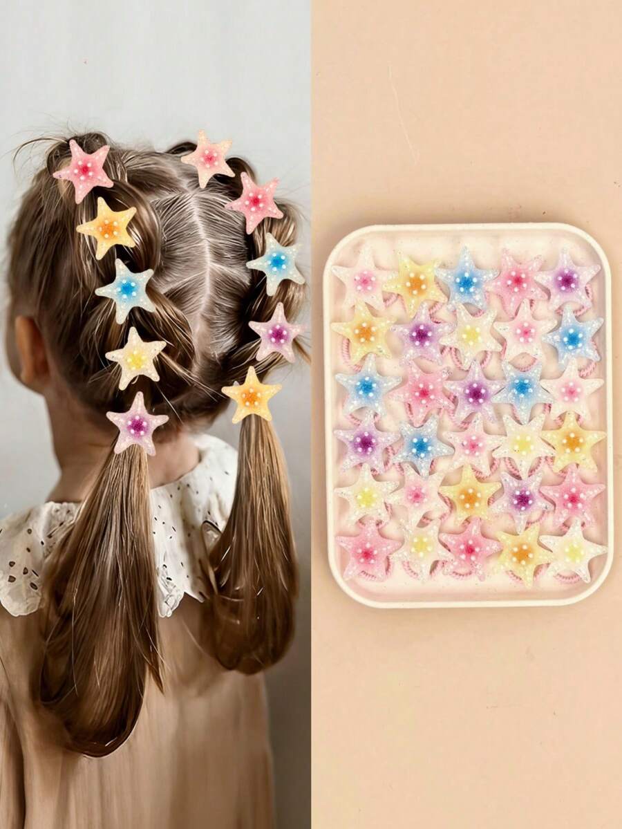 8/14/28pcs Girls Random Macaron Gradient Glitter Translucent Colorful Dots 3D Holographic Star & Starfish Hair Ties Set, Sweet Cute Versatile Hair Accessories For Daily Wear, Date, Sports, School, Casual - Multicolor - View 1