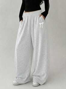 1pc Girls' Loose Bow Print Straight Leg Pants, Warm For Spring, Autumn And Winter - Grey - View 10