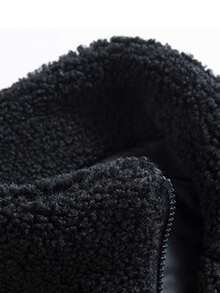 Unisex Color Block Plush Sherpa Outerwear Featuring Full Zip Front, Ribbed Cuff Hem Detail, Mixed Black Off White Panel Design Soft Loose Jacket - Black - View 4