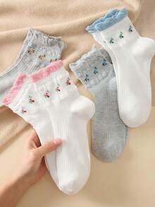 4 Pairs Women's Short Socks, Bubble Cuff Floral Mid-Calf Socks, Comfortable Versatile, Breathable Non-Slip, Suitable For All Seasons - Multicolor - View 7