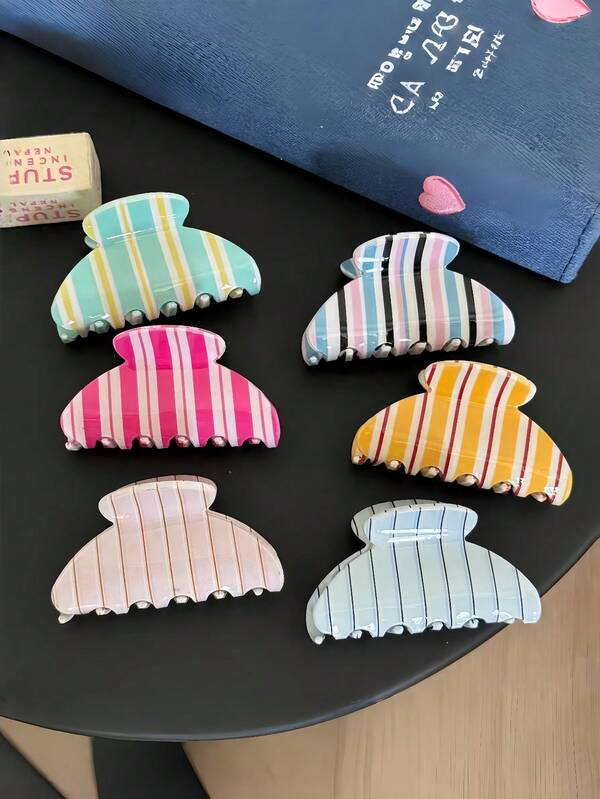 1pc Women's Colorful Minimalist Contrast Striped Acrylic Hair Claw, Medium Size, Suitable For Hundreds Of Hairstyles, All-Season Daily Use Hair Comb