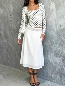 Happyevery Women's Autumn/Winter Minimalist Commute Outfit Contrast Color Polka Dot Print Pullover T-Shirt, Suitable For Back To School, Teacher's Day, Office Commute, Daily Casual, Everyday Wear, Beach Vacation, Beach, Holiday, Birthday Party - White - View 7