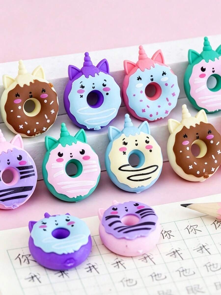 18/10pcs Random Color Cartoon Donut Shaped Erasers, Cute Student Prizes & Gifts, Creative Cartoon Eraser Back To School,Halloween,Christmas Time