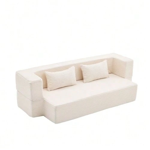2-In-1 Convertible Corduroy Sofa Bed, Modular Floor Sofa, No Assembly Required, Fold-Out Sofa Bed With 2 Cushions - Beige - View 1