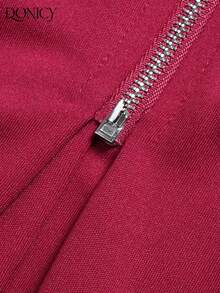 DONICY Vestido Midi Casual/para Encontro Ajustado com Zíper na Frente e Decote em V, Plissado, na Cor Bordô - Vinho - Visão 4