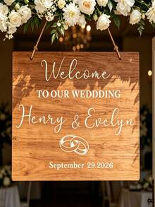 可客製化婚禮歡迎貼紙「Welcome To Our Wedding」情侶戒指圖案直式鏡面乙烯基裝飾貼紙，可客製化情侶姓名與婚禮日期自黏文字貼紙 - 彩色 - 查看 5