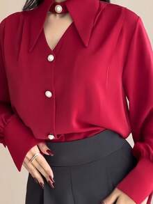 Women's New INS Style Solid Color V-Neck Hollow Out Elegant Mature Office Commute Travel Vacation Shopping Photo-Ready Design Blouse - Red - View 4