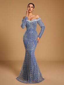 GIFORU Haze Blue Off-Shoulder Pearl Beaded Long Sleeve Mermaid Evening Gown, Butterfly Wing Radial Sequin Rhinestone Embroidery Fitted Slimming Fall Wedding - Dusty Blue - View 7
