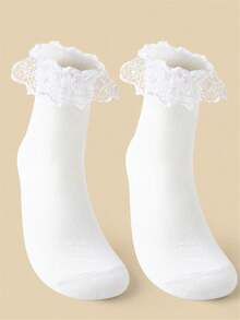 CLIMPRESSION 1/4 Pair Women's White Cute Lace Butterfly Ruffle Ankle Socks, Cute Ruffle Mid-Calf Socks, Suitable For Lolita JK Daily Wear - White - View 13