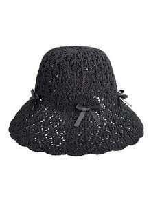 1pc Women's Hollow Woven Sun Hat, Wavy Lace Satin Bow Decor Wide Brim Bucket Hat, Small Breathable Sun Protection Hat, Suitable For Daily Outings - Multicolor - View 4